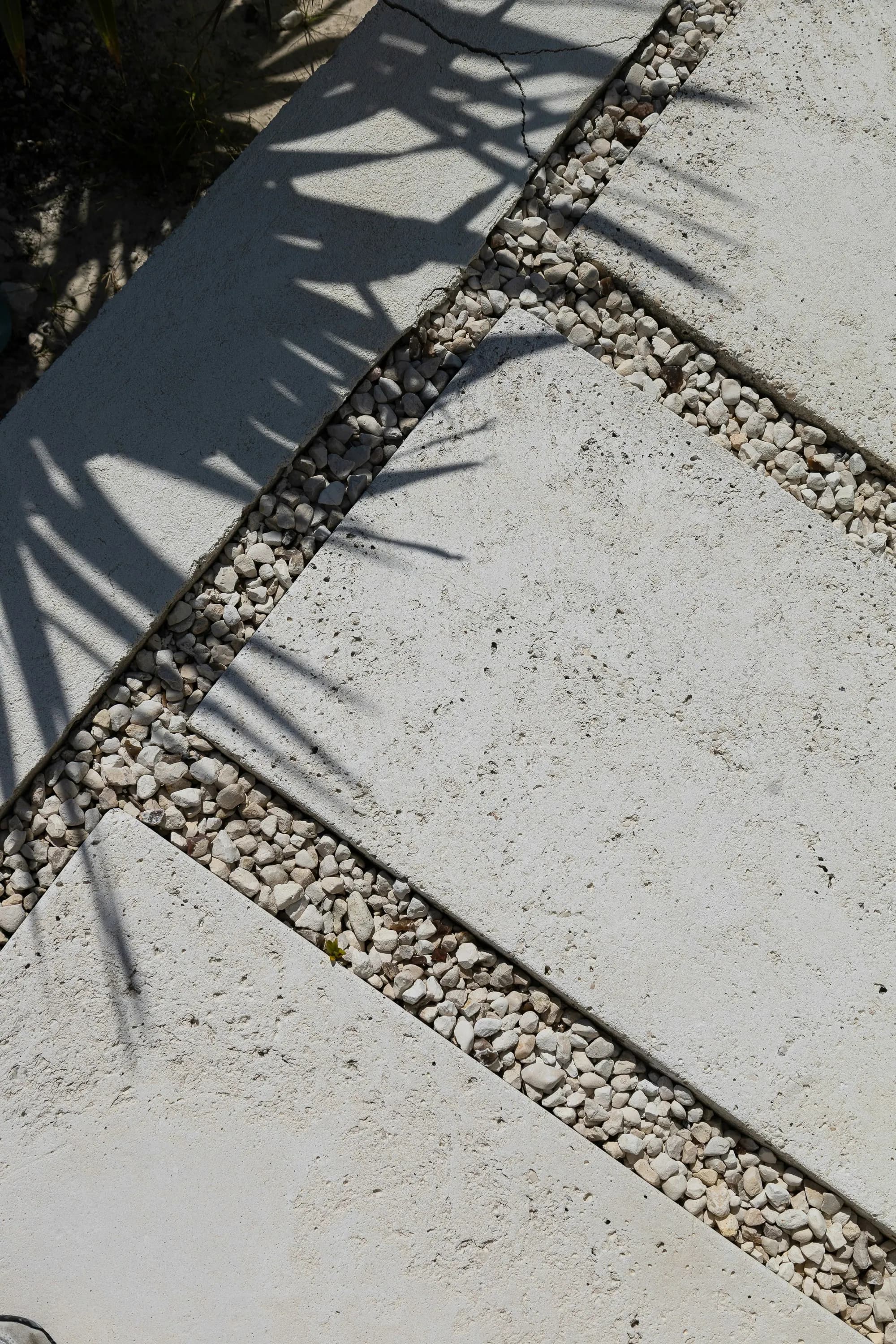 Concrete paving slabs with gravel joints and palm shadow